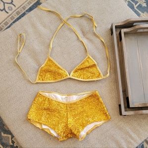 Gold sequins boy short rave set OS